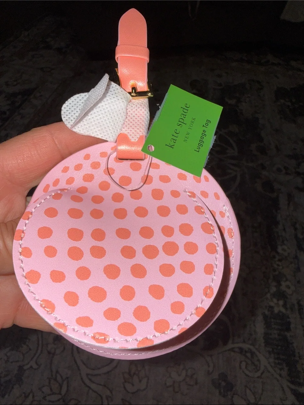 kate spade pink and coral polka dot round luggage tag